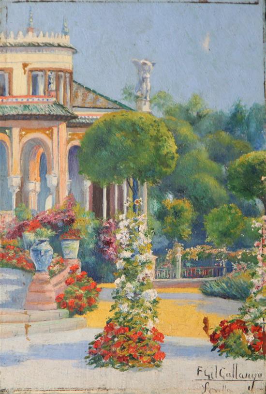 Felipe Gil Gallango (Spanish, 1838-1938) Villa and gardens in Seville, 9.5 x 6.5in., unframed